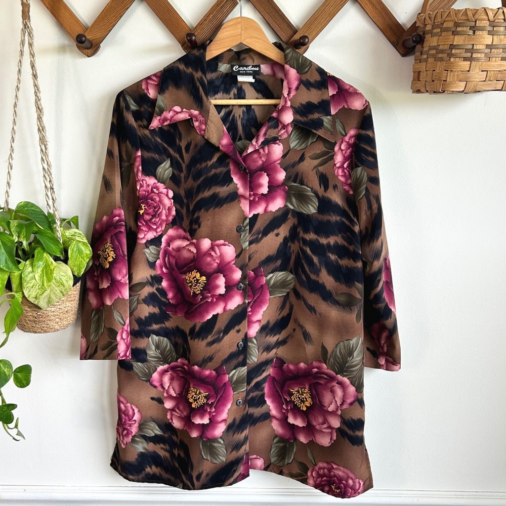 Vintage Caribou New York Tiger Floral Blouse Brown Pink Medium Made in USA